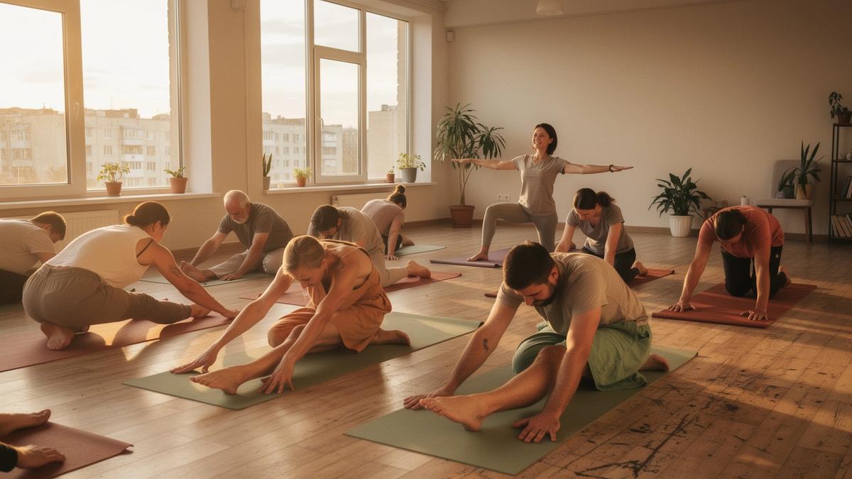 Beginners practicing gentle yoga in a bright Kyiv studio