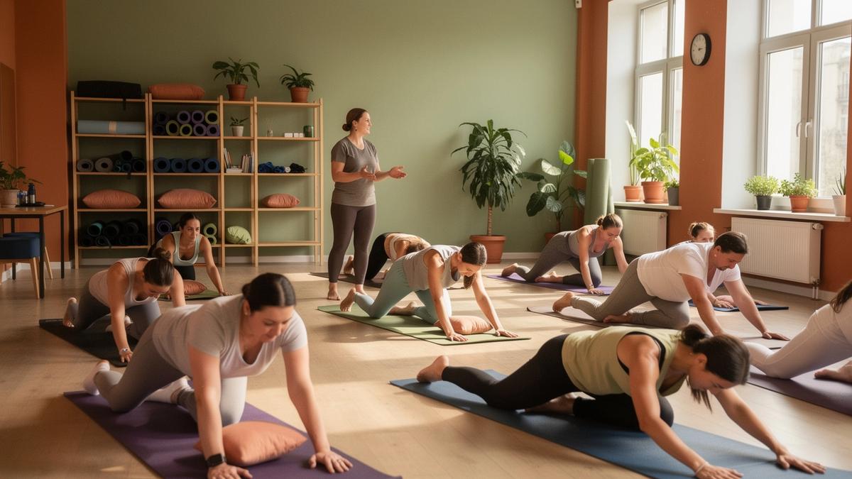 Beginner yoga and pilates students in a bright Kyiv studio