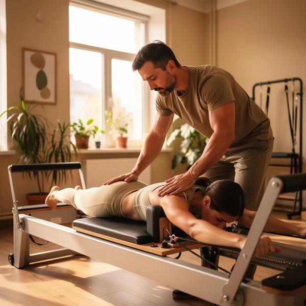Dmytro Shevchenko demonstrating a pilates exercise for beginners