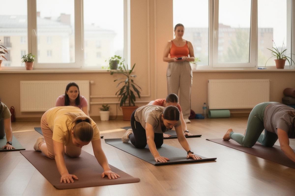 Beginners practicing yoga in a sunlit studio in Kyiv