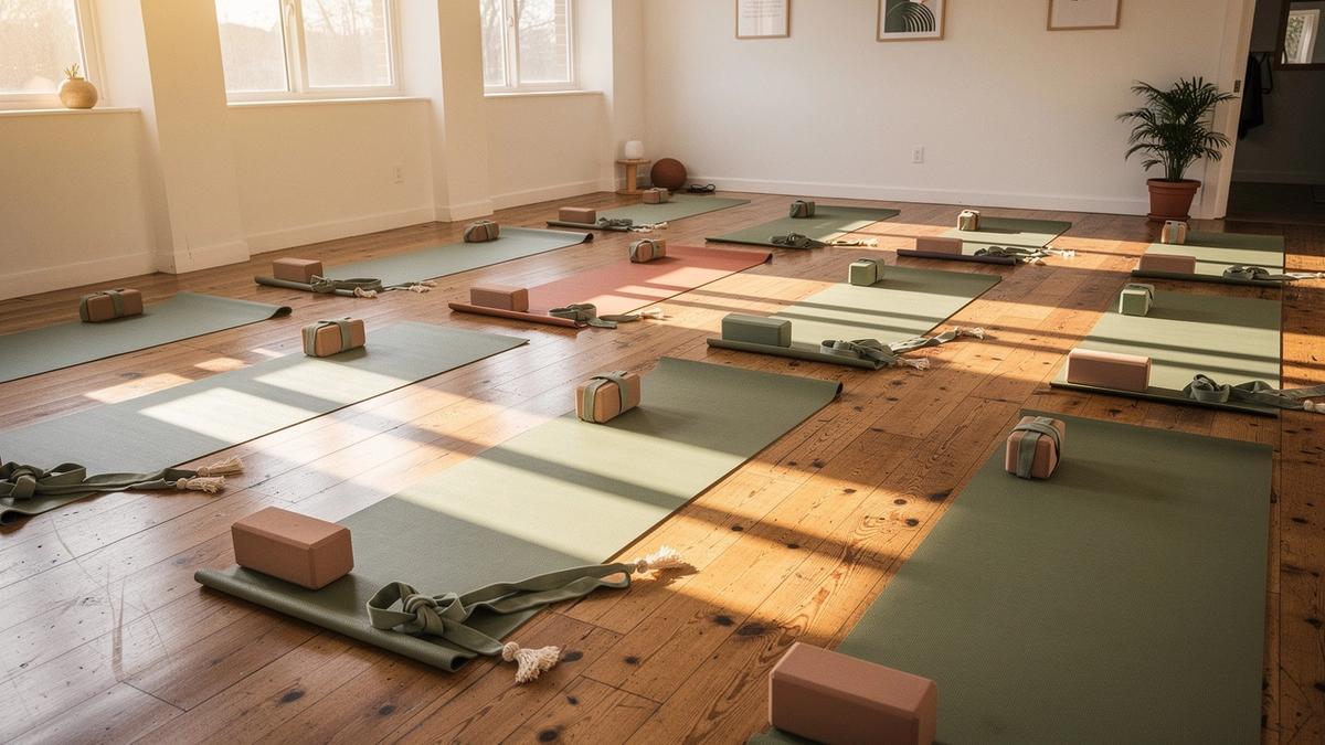 Bright studio space with yoga mats and small props arranged for a beginner class