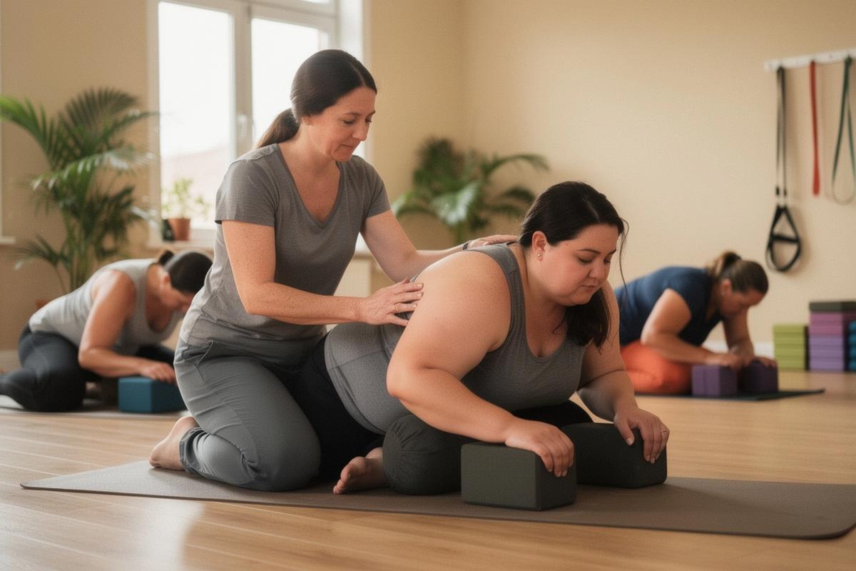 Instructor helping a beginner student into a safe modified yoga pose in a warm studio